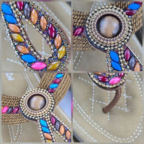 🩵⏭️NIB Brown Beaded Cushioned Boho Sandals Size 8 - Picture 10 of 12